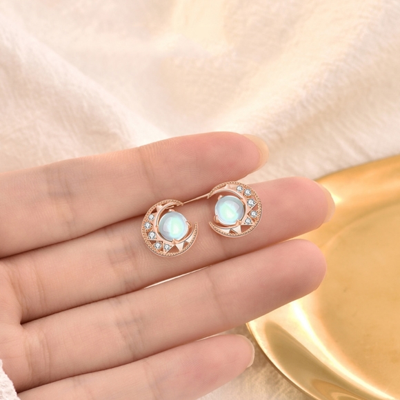 Sterling Silver Moonstone Star and Moon Stud Earri - Picture 2 of 4